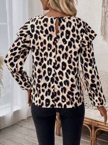 SHEIN LUNE Women Leopard Print Round Neck Long Sleeve Blouse - Multicolor - View 2