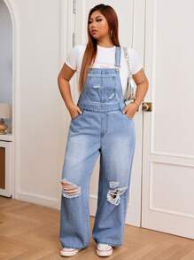 SHEIN EZwear Plus Size Retro Ripped Denim Overalls With Strap Design, Casual Streetwear