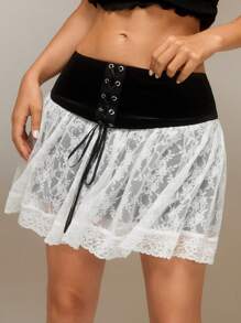 SHEIN Unity Women's Black Velvet Eyelet Tie-Up Patchwork White Lace Hem Skirt, Homecoming Skirt Short, Fall Skirts - Black and White - View 1