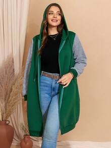 EMERY ROSE Plus Size Fuzzy Women Contrast Color Hooded Long Sleeve Jacket,Fall Women Clothes - Dark Green - View 4
