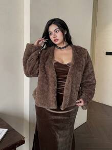 SHEIN Clasi 2pcs Plus Size Plain Long Sleeve Plush Coat & Sleeveless Ruched Dress Elegant Set - Brown - View 4