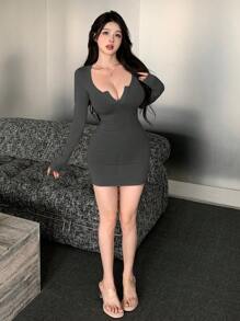 DAZY Women's Solid Color Slim Fit Casual Dress, Spring/Autumn - Dark Grey - View 2