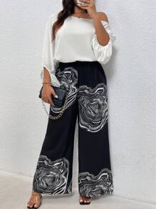 SHEIN Privé Plus Size Summer Casual/Work Commuting Chic Plain Cold Shoulder Jumpsuit For Women With Graphic Print - White - View 7