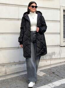 EURMUSE 大码绗缝女式夹克，带兜帽、口袋，适合冬季 - 黑色 - 查看 4