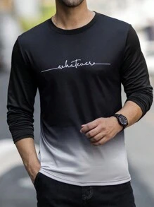 Manfinity Homme Men Round Neck Long Sleeve Gradient Print Letter Graphic Design Fitted Charming Casual T-Shirt, For Going Out, For Husband, Men's Fashion T-Shirt, Men's Graphic Tee, Ombre T-Shirt, Casual Men's Top, For Fall