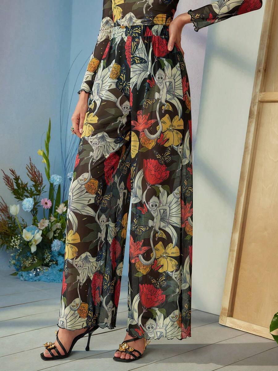 ISELACOS Frida Kahlo X SHEIN X Designer Quần ống rộng cạp cao in họa tiết hoa Boho Bohemian, ngày lễ, lễ tạ ơn, lễ hội - Nhiều màu - Xem 1