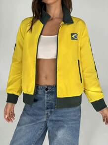 SHEIN Muchic Áo khoác dài tay màu tương phản hình quốc kỳ Brazil dành cho nữ - Màu vàng - Xem 4