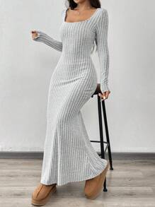 SHEIN EZwear 1 pieza Vestido largo de punto gris para mujeres - Gris - Ver 4