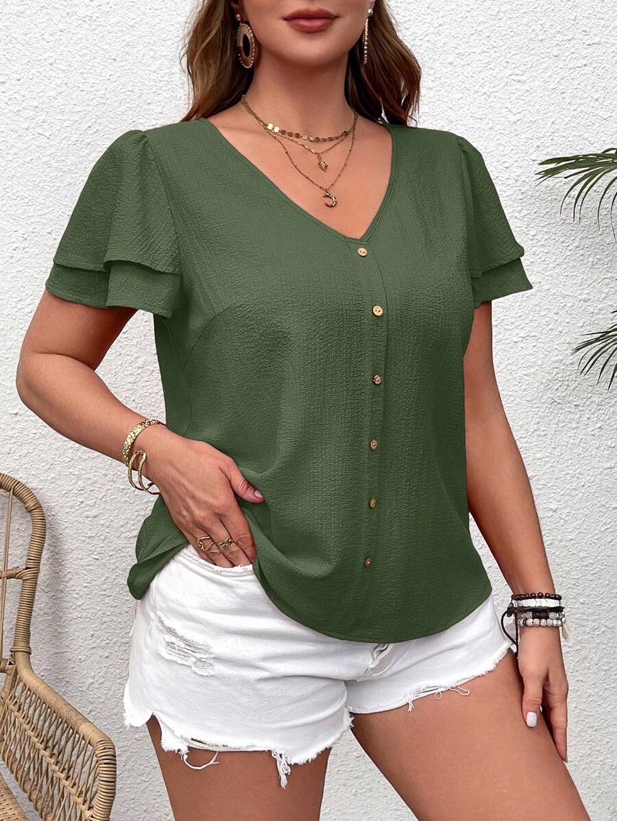 SHEIN VCAY 大码分层荷叶边 V 领短袖衬衫