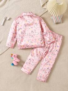 Conjunto de 2 peças de calças casuais e blusa de cetim com estampa de unicórnio para meninas