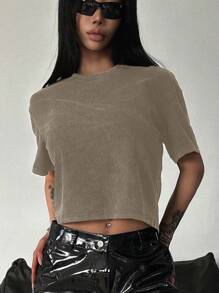 DAZY 女士休闲短款 T 恤，夏季 - 棕色 - 查看 5