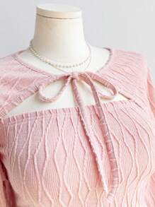 Dreamara Plus Size Women's Fall And Winter Vacation, Graduation Season, Back To School Season, Back To School Clothes Fall Clothes, Vacation Wear, Babydoll Top Halloween Party Lunch Cute Lunch Casual Pink Strappy Cardigan + Tube Top Slim Fit Woolen Two-Piece Set - Pink - View 5