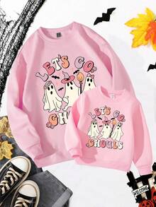 Women's Casual Halloween Party Cartoon Witch Hat Cute Ghost Colorful Letter & Slogan Print Basic Crew Neck Sweatshirt - Pink - View 3