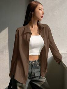 DAZY 女士纯色前扣领长袖休闲衬衫，秋季服装 - 棕色 - 查看 4