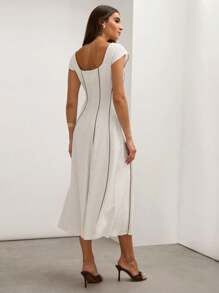 COSMINA Cream-Color Linen Blend Color Block Fitted Sleeveless A-Line Old Money Style Elegant Dress For Women, Spring/FAll,Sun Dress,Summer Dresses For Women