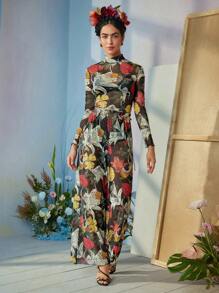 Frida Kahlo X SHEIN X Designer ISELACOS Mock Neck Tropical Printed Sheer Mesh Top With Lettuce Hem, Holiday, Thanksgiving, Spring & Summer, Going Out, Festival