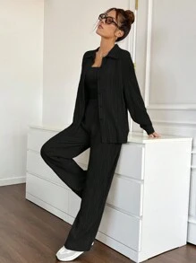 SHEIN EZwear Quần áo mùa xuânÁo sơ mi cài nút phía trước & Áo ống & Quần - màu đen - Xem 5