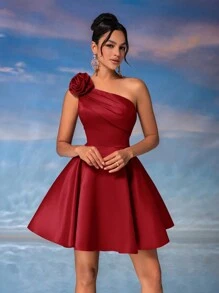 Lovelzi Elegant Luxurious 3D Floral Asymmetrical Neck Ruffle Prom Mini Homecoming Dress, Semi Formal Dress, For Birthday, Wedding Guest, Graduation Party Dress