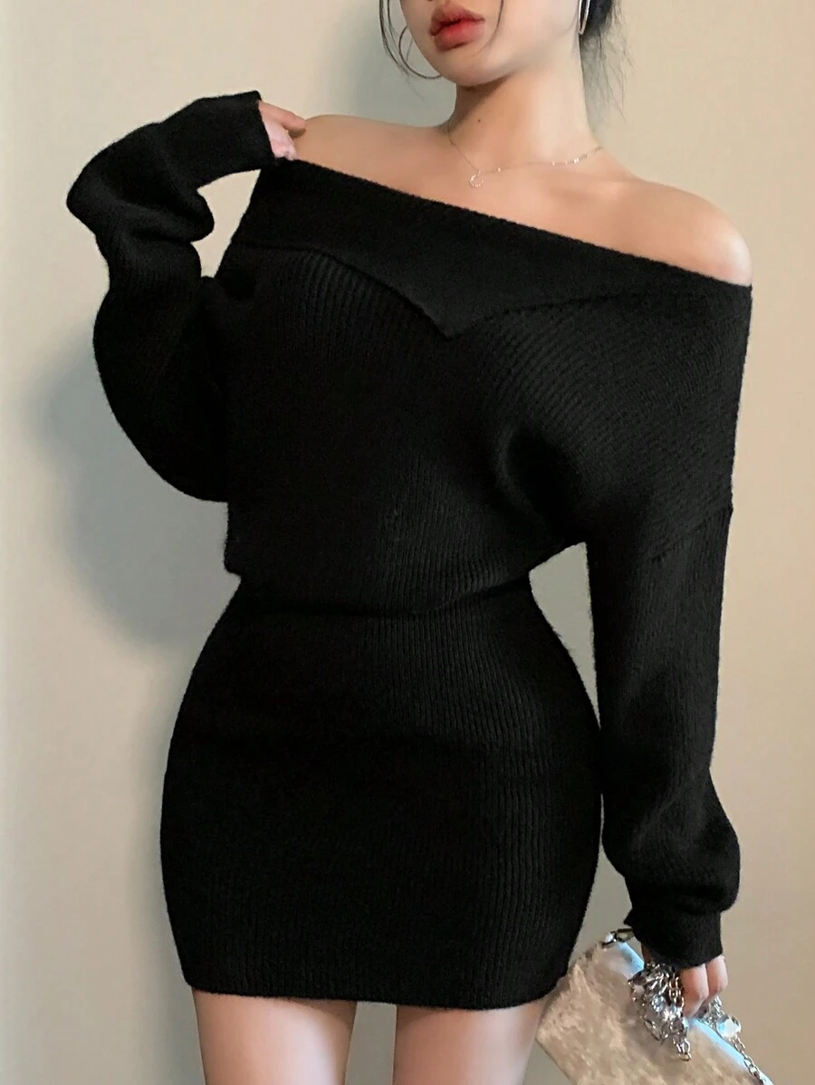 DAZY 女式修身不对称领口设计短款毛衣裙，新年除夕露肩秋冬舞会礼服 - 黑色 - 查看 1