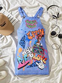 Meninas (grande) 2024 novo streetwear legal menina carta & graffiti impressão denim pinafore vestido