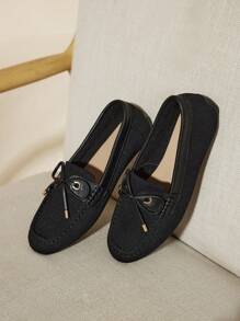 CUCCOO BASICS Zapatos de mujer con lazo decorativo, negros, de cómoda punta cuadrada, modelo mocasín, para vacaciones, rebajas de verano, vuelta al cole, estudiantes universitarios, Navidad, otoño y Año Nuevo