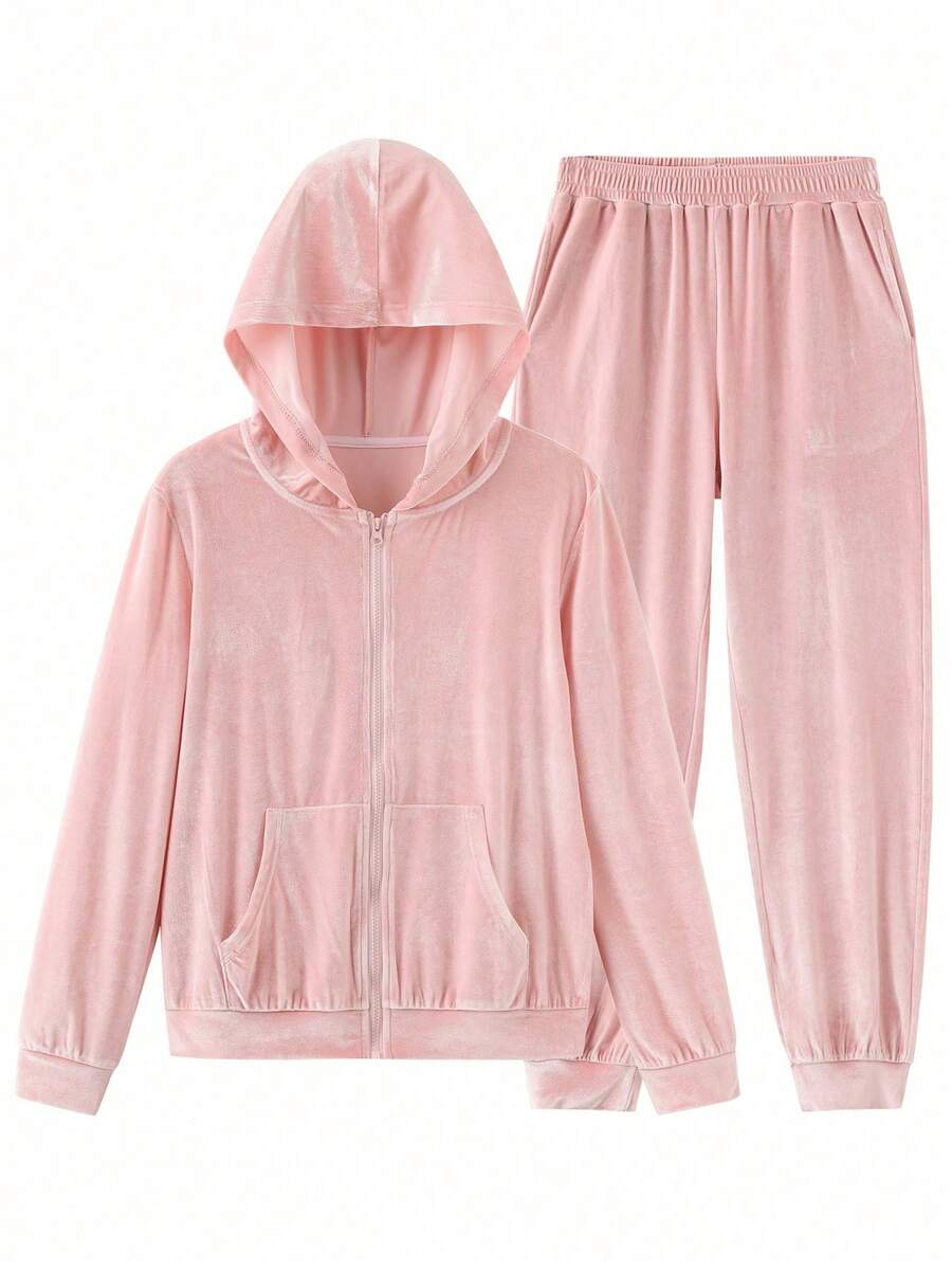 Women's Solid Color Full Zip Hoodie With Pocket And Drawstring Pants, Casual Velvet Tracksuit Set - Pink - View 1
