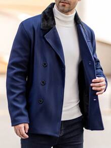Manfinity Homme Men's Furry Panel Front Button Long Sleeve Pocket Jacket, Casual Daily Wear - Navy Blue - View 4