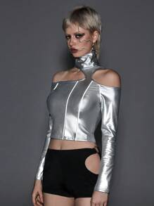 ROMWE Grunge Punk Sexy PU Reflective Striped Futuristic Women Bodycon T-Shirt - Silver - View 1