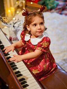 1 件装女婴圣诞节假期印花领腰褶边连衣裙，公主风格 - 彩色 - 查看 3