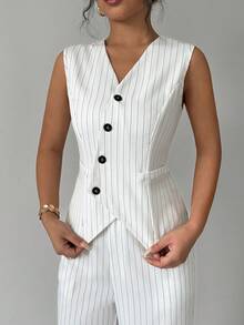 1 Set de traje de trabajo con chaleco sin mangas con botones frontales a rayas y pantalones - Multicolor - Ver 4