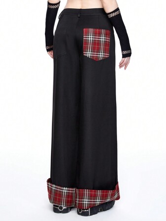 Grunge Punk Retro Streetwear Punk College Style Red Plaid Patchwork Loose Straight Leg Pants