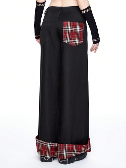 Grunge Punk Retro Streetwear Punk College Style Red Plaid Patchwork Loose Straight Leg Pants