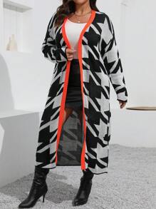 SHEIN LUNE Plus Size Feminino Contraste Cor Impresso Casual Manga Longa Cardigan, Para Inverno
