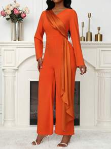 Zolique 女士纯色 V 领长袖连体裤 - 橘色 - 查看 4