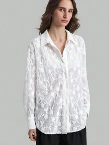 Ontre Autumn Fashion Elegant Lace 3D Floral Women Blouse Floral Top  Baggy Shirts Basic Tops
