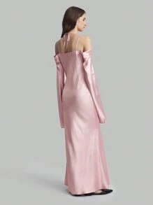 Ontre Elegant Fitted Off Shoulder Bell Sleeve Fish Tail Silk Party Dress, Pink Pastel Dress