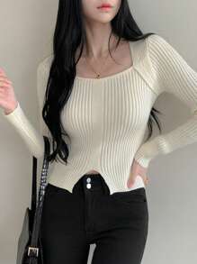 DAZY Women's Solid Color Simple Fitted Long Sleeve Sweater, Casual Daily Wear