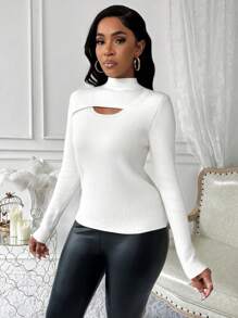 SHEIN Clasi Solid Color Long Sleeve Mock Neck Hollow Out Front Fleece Sweater, Casual Wear