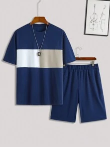 Manfinity Dauomo Men's Summer Color-Block Round Neck Short Sleeve Casual T-Shirt And Shorts Set - Navy Blue - View 3