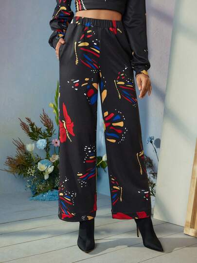 Frida Kahlo X SHEIN X Designer ISELACOS Pantalones de cintura alta con estampado de mariposa, corte holgado, para vacaciones, Acción de Gracias, invierno, primavera, festivales