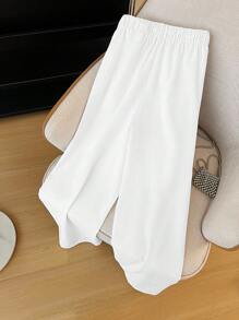 SHEIN LUNE 大码休闲纯色抽绳腰阔腿裤 - 白色 - 查看 2