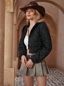 GENKIRA 百搭休闲学院风简约绗缝轻质短款加厚棉服外套冬季带帽衣服适合返校 - 黑色 - 查看 3