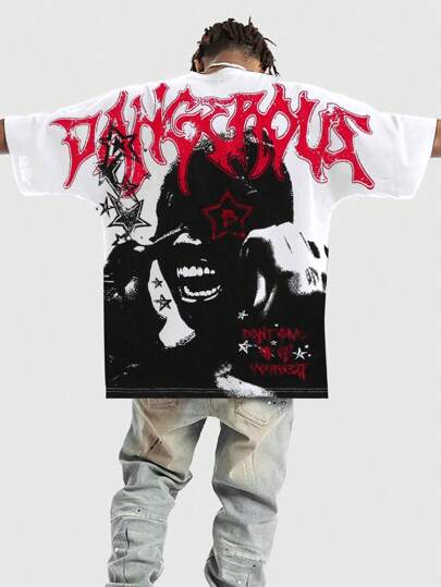 Street Life Men's Casual Letter & Graphic Print Short Sleeve Round Neck T-Shirt, Summer, 2000s Style