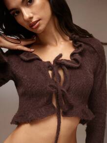 SHEIN Unity Áo len cardigan dệt kim cắt ngắn phía trước viền bèo nhún cho nữ dài tay màu cà phê quần áo mùa đông - màu nâu - Xem 4