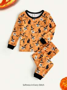 Cozy Pixies 2pcs Pumpkin Pattern Splicing Round Neck Long Sleeve Snug Fit Pajama Top And Pants Set For Young Boys - Multicolor - View 1