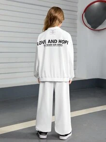 SHEIN 2pcs/Set Tween Girls Loose Casual Letter Printed Hoodie And Sweatpants Set - White - View 6