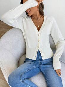 SHEIN LUNE Women Solid Color Raglan Sleeve Long Sleeve Waisted Cardigan, Fall/Winter - Apricot - View 3