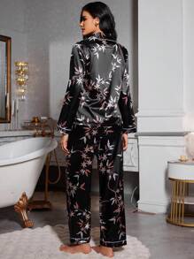 LuxeNights Faux Silk Floral Print Collared Long Sleeve Top & Pants Pajama Set, Fall Winter Clothes Cozy And Elegant Details - Black - View 2
