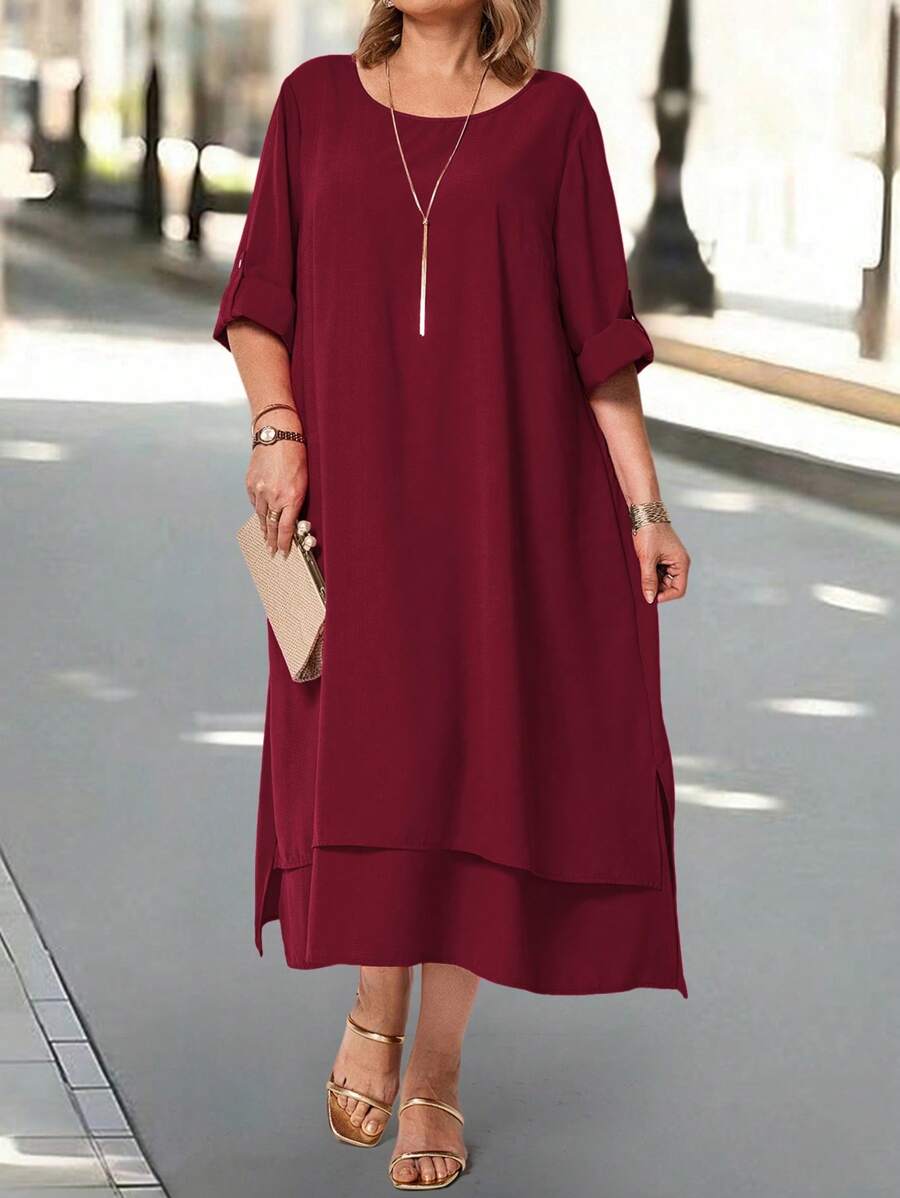 EMERY ROSE Plus Size Teacher Clothes Casual Fit Solid Color Round Neck Roll-Up Sleeve Casual Dress - Burgundy - View 1