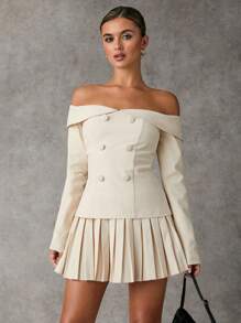 SHEIN BAE 女士露肩褶皱纯色连衣裙秋季婚礼宾客礼服冬季女士连衣裙秋季女士连衣裙商务女装茶会连衣裙工作女士连衣裙 - 杏色 - 查看 6